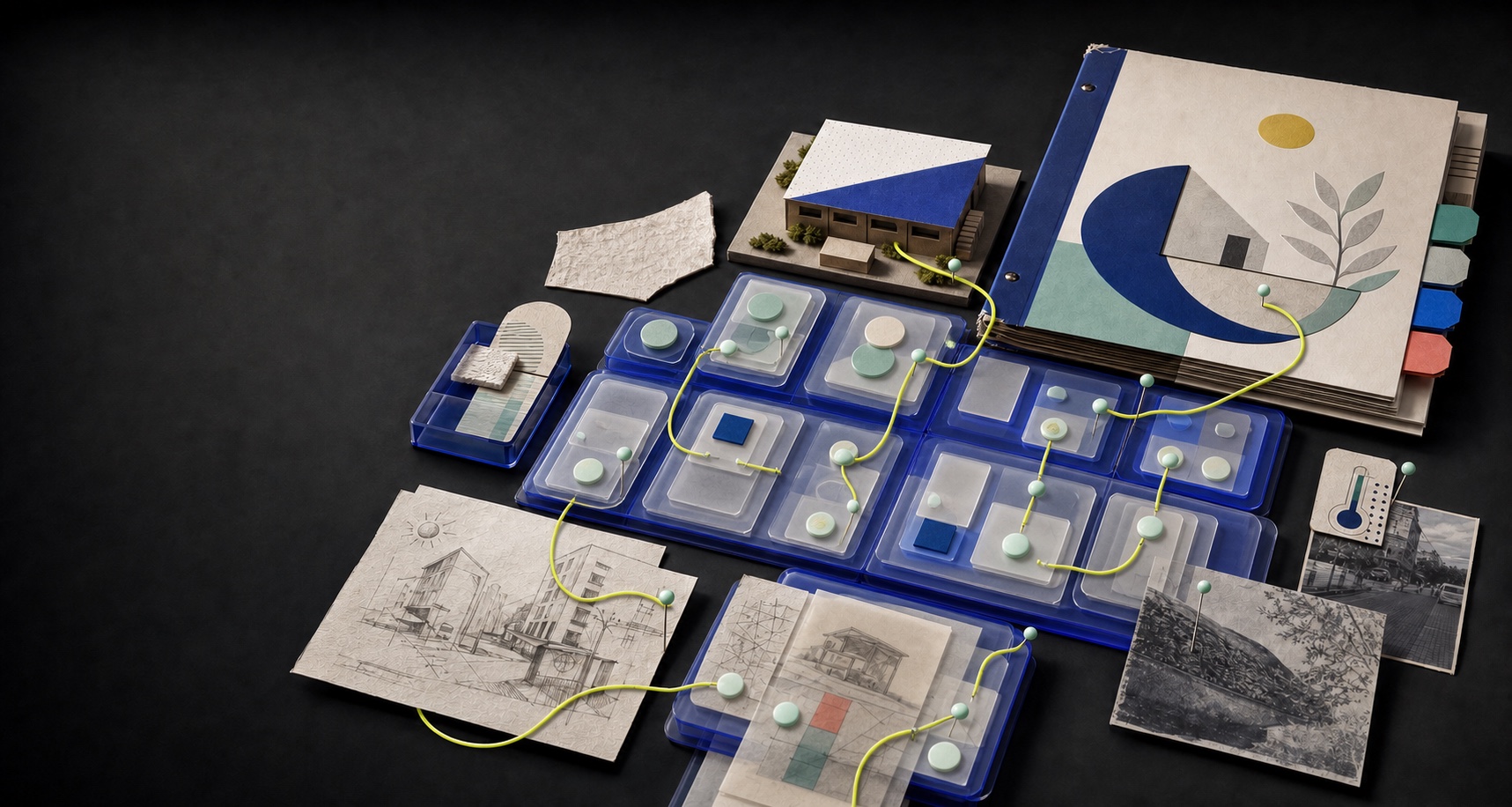 A civic heat project whose route has been organized by a broad translucent cobalt system.