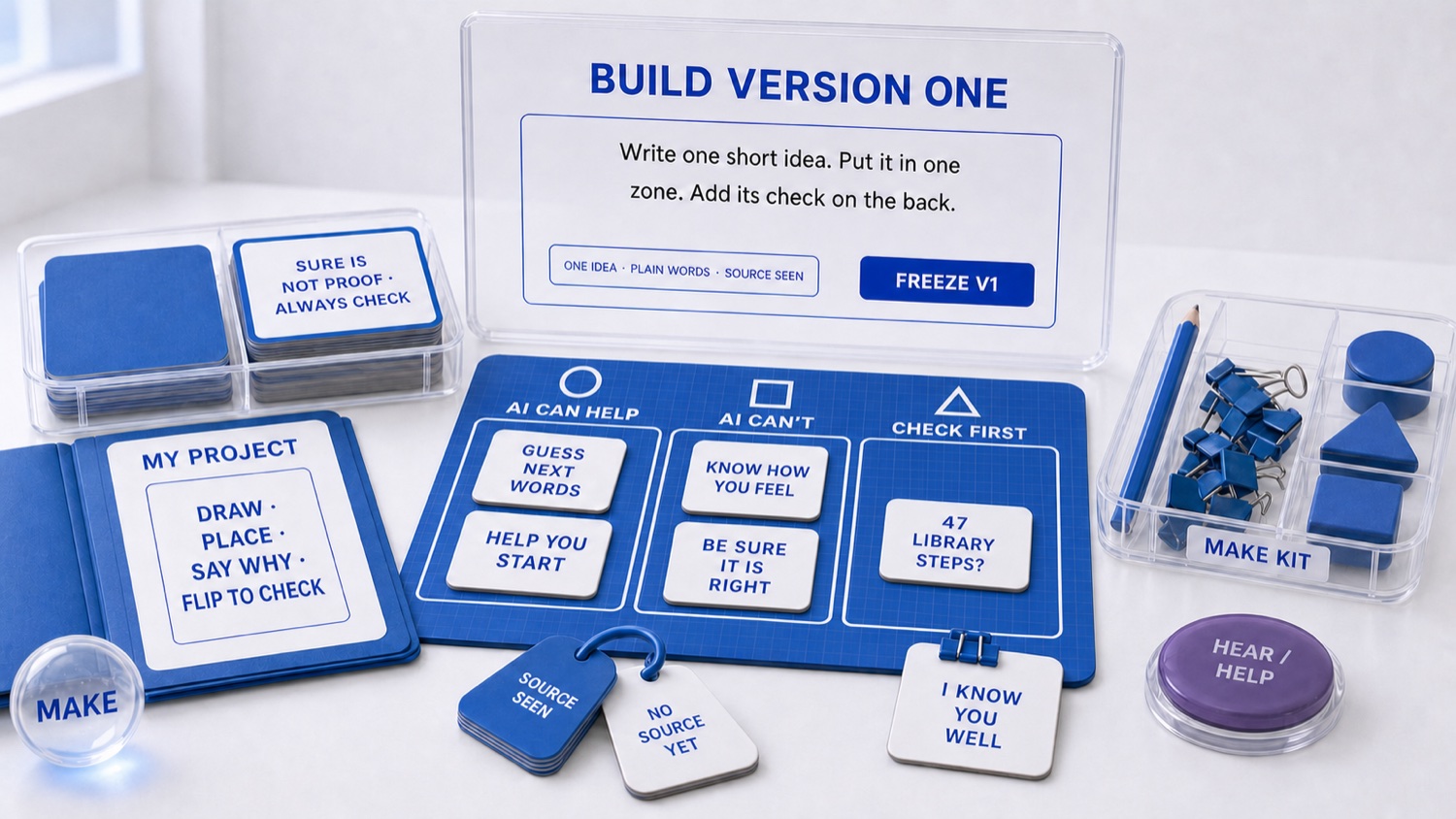 The 4–5 Maker Desk at the Make stage: a sorting board, front-and-back card blanks, a source-tag ring and build tools.