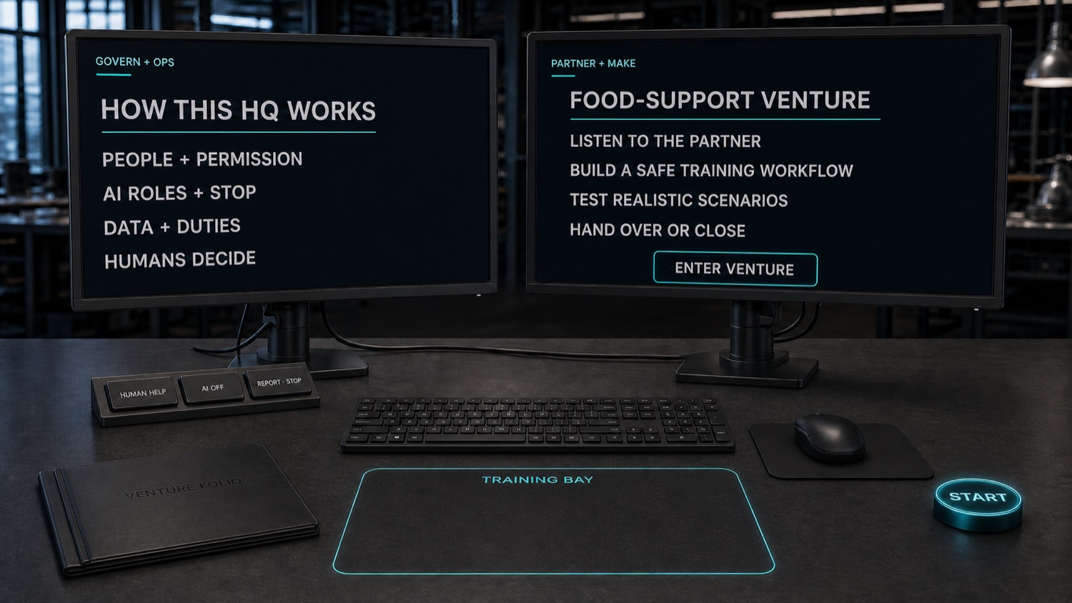 The 11–12 Venture HQ introduction: a two-monitor workstation with GOVERN + OPS and PARTNER + MAKE screens and a Human Help / AI Off / Report·Stop console.