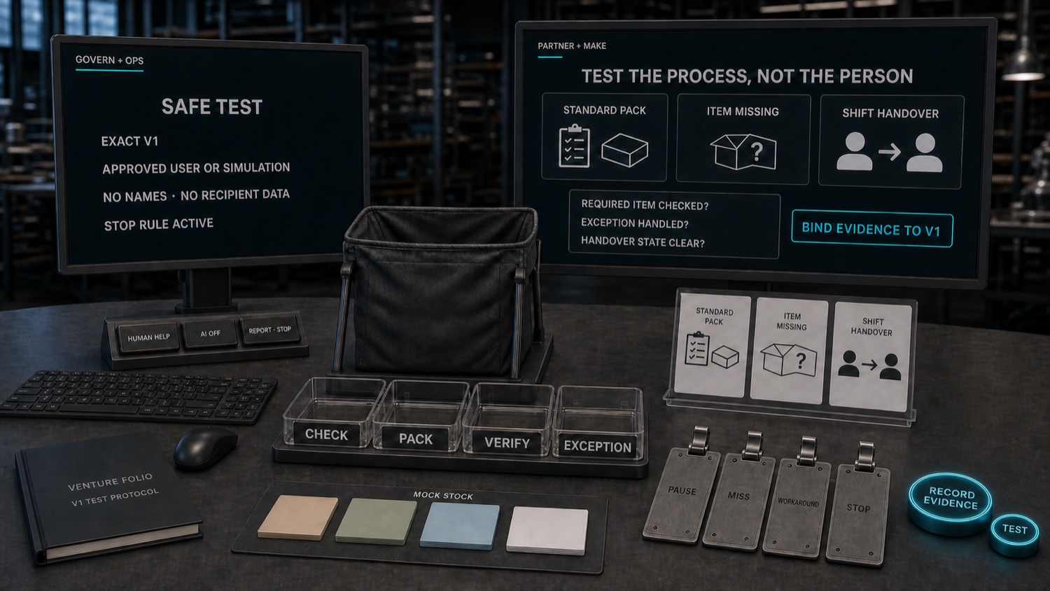 The 11–12 Venture HQ at the Test stage: a training crate, realistic packing scenarios and evidence-recording tools.