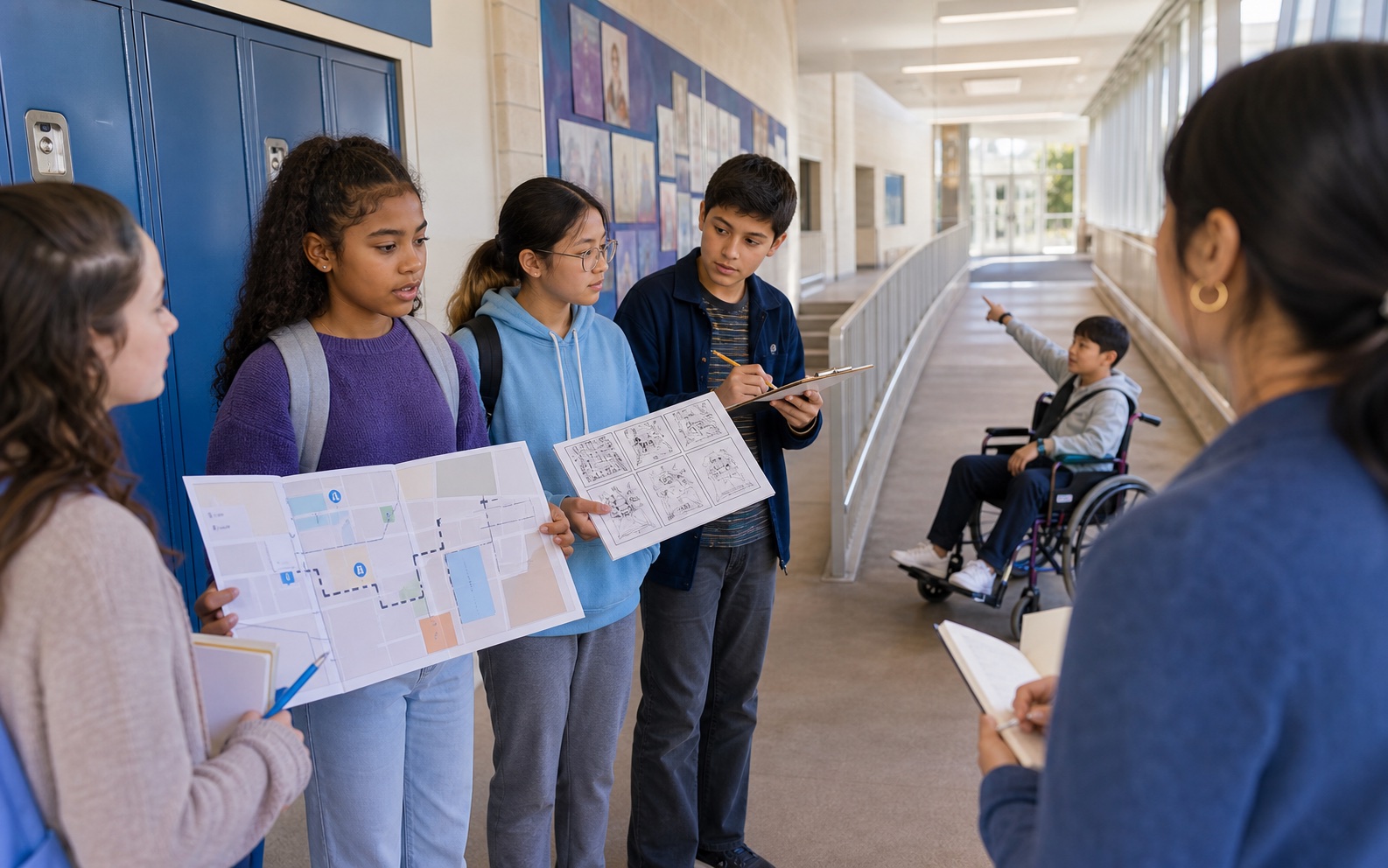 Middle-school students test visual and low-tech route guides in an accessible school hallway.