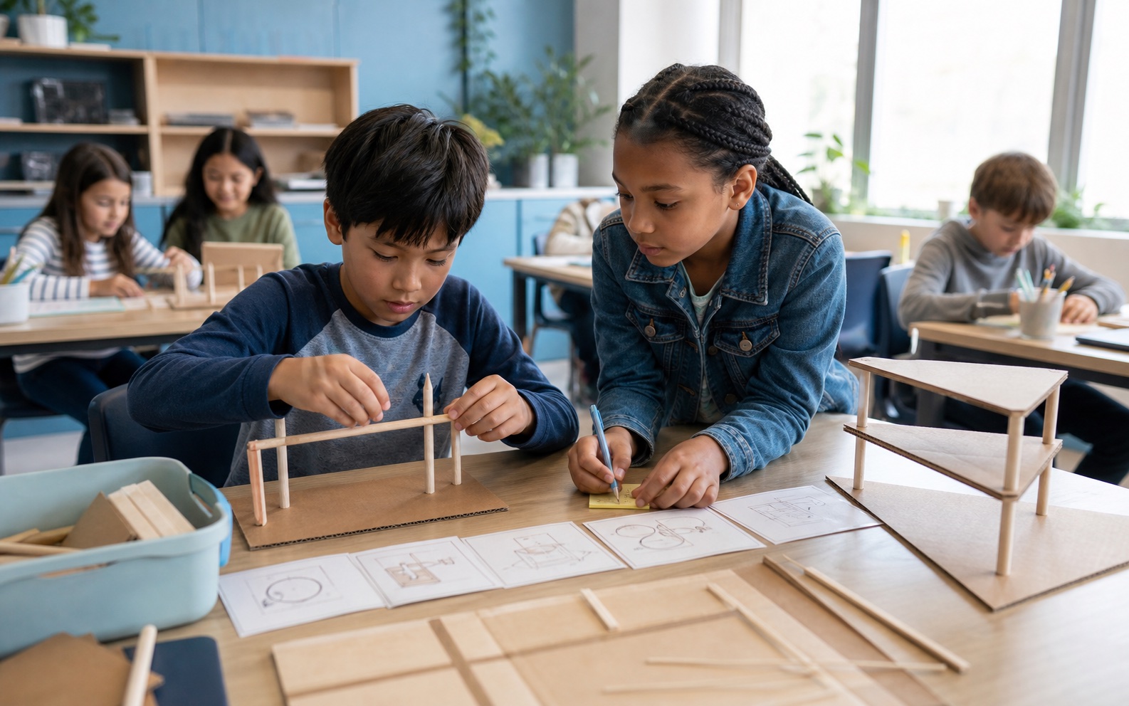 Two elementary students test a student-made instruction sequence by building a simple model.