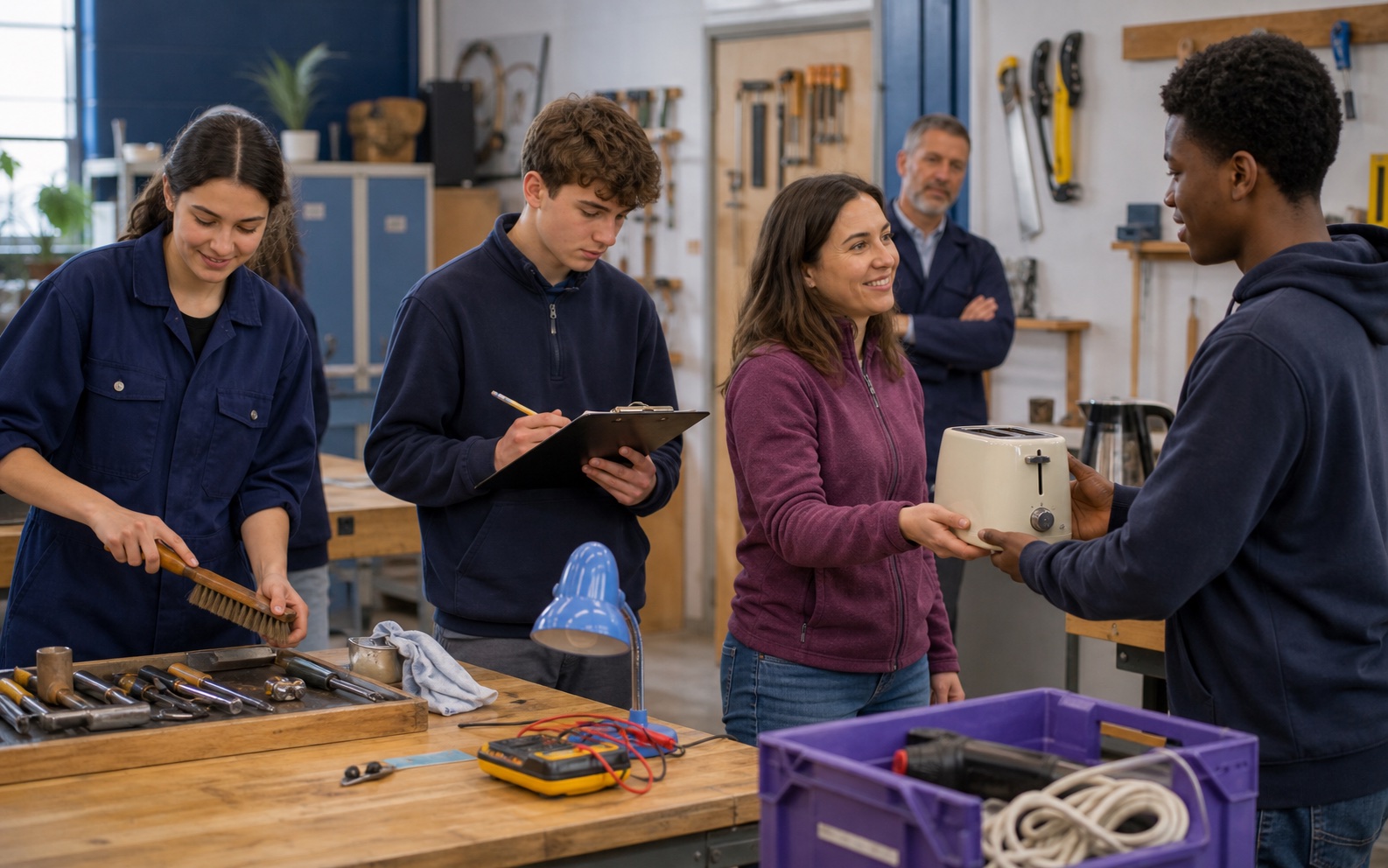 Older students operate a supervised neighborhood repair exchange and record evidence for an accountable handover.